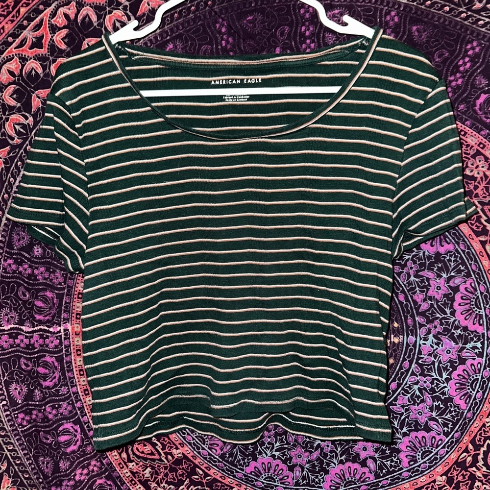 American Eagle Outfitters Green and White Striped Short Sleeve Tee